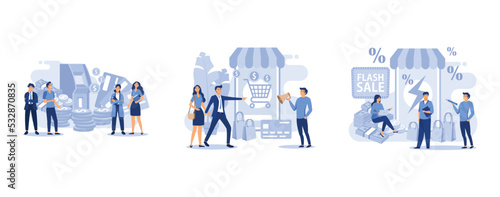 Customers with credit card withdrawal money standing in line at bank atm landing vector page, online shopping, e-commerce promotion flash sale concept, set flat vector modern illustration