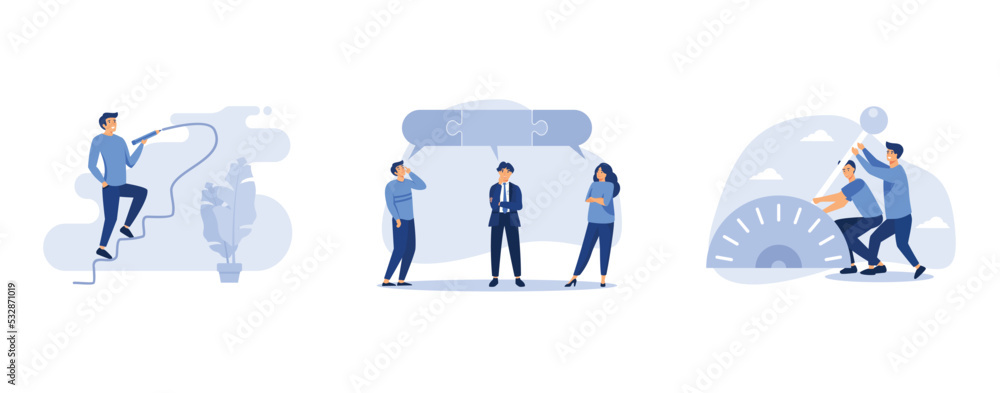 the path to the target's achievement, smart business people team with connected jigsaw puzzle speech bubble, businessman team shifting transmission knob to faster new level, set flat vector modern ill - obrazy, fototapety, plakaty 