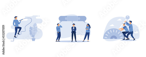 the path to the target s achievement  smart business people team with connected jigsaw puzzle speech bubble  businessman team shifting transmission knob to faster new level  set flat vector modern ill