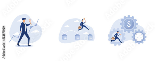 smart businessman analyst using magnifying glass look in details on market data rising graph, skillful businessman holding success flag jumping on milestones reaching target, businessman running with 