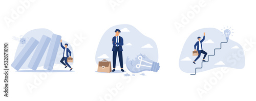 Entrepreneur help pushing bar graph falling in economic collapse from COVID-19 virus pathogen, uninspired or motivation after business failure, businessman start walking on electricity line as stairwa