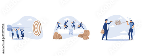 teamwork collaboration to achieve target, businessman and woman walk on education degree scroll as bridge to cross the gap, misunderstanding create confusion in work, set flat vector modern illustrati