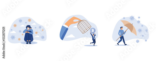Solitude and depression from social distancing, government try to control crypto or decentralized money, businessman leader stand safe by cover himself with big umbrella from COVID-19 Coronavirus path