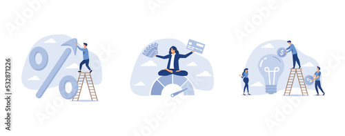FED or government put upward arrow on percentage symbol, happy woman hold banknote and credit card sit above credit gauge at good rating, business people donate or contribute fund raiser new lightbulb