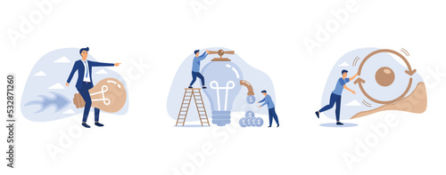 innovation start up business or inspiration to achieve success goal concept, idea to make money, business strategy to repeatedly deliver work done, set flat vector modern illustration