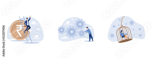 India economic or financial vision, business work flow, staying home with self quarantine, set flat vector modern illustration