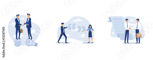 Idea pitching, business quotation or message to achieve success concept, signing contract, set flat vector modern illustration