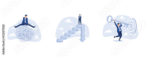smart thinking to overcome difficulty obstacle or emotional problem, career dead end or financial risk concept, key to success and achieve business target, set flat vector modern illustration
