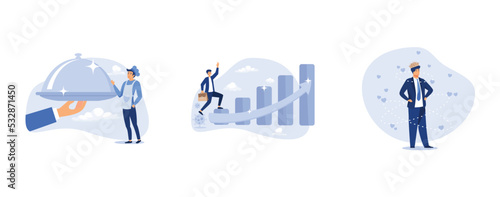 Special service only for you, economic recovery after Coronavirus COVID-19 crisis, narcissism businessman admire himself and proud of his crown with love and stars around, set flat vector modern illus