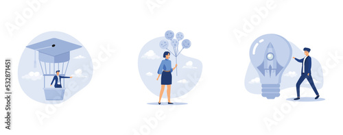 Education or knowledge to growth career path, feeling and expression concept, businessman start up company owner standing with innovative rocket inside lightbulb idea, set flat vector modern illustrat