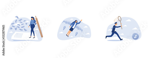 Make money from writing blog online, woman power or lady leadership, businessman investor run chasing try to catch high performance attractive dollar coin, set flat vector modern illustration