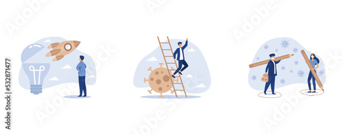 Innovation to launch new idea, businessman leader holding telescope on top of ladder above Coronavirus pathogen, social distancing, set flat vector modern illustration