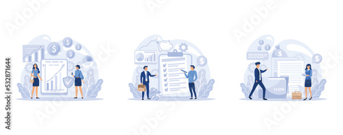 Financial or business profession set. Business character making financial operations and developing. Audit, insurance, financial consultant and analyst, set flat vector modern illustration