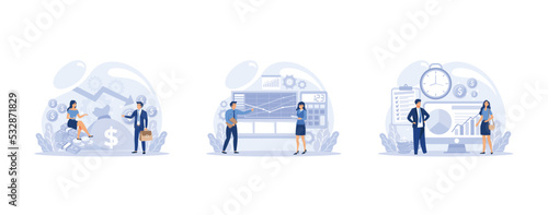 Cost optimization concept set. Idea of financial and marketing strategy. Cost and income balance, set flat vector modern illustration