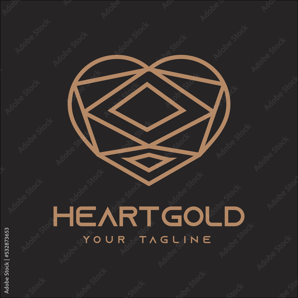 Geometric poly heart icon as gold structure. Faceted day on dark background. Geometric poly heart icon as gold structure. Faceted day on dark background.