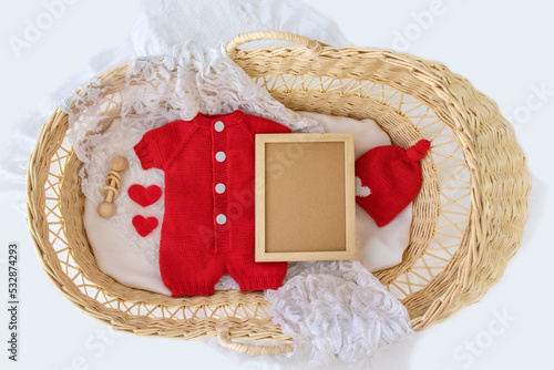 Mockup of baby bodysuit shirt with basket, Social Media Pregnancy Letter Board Announcement .Background with blurred . Selective focus photo