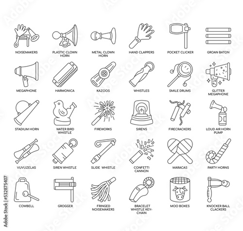 Set of Noisemakers & Whistles thin line icons for any web and app project.