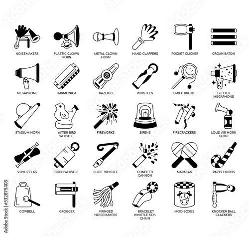 Set of Noisemakers & Whistles thin line icons for any web and app project.