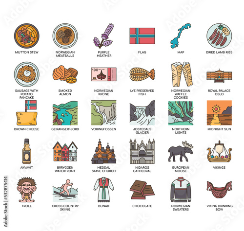 Set of Norway thin line icons for any web and app project.