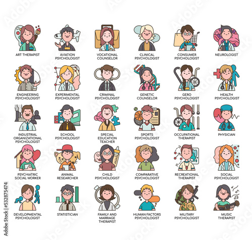Set of Psychology Jobs Avatar thin line icons for any web and app project.