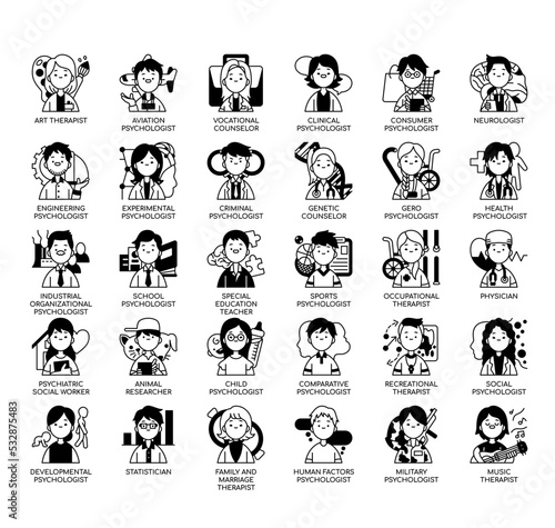 Set of Psychology Jobs Avatar thin line icons for any web and app project.