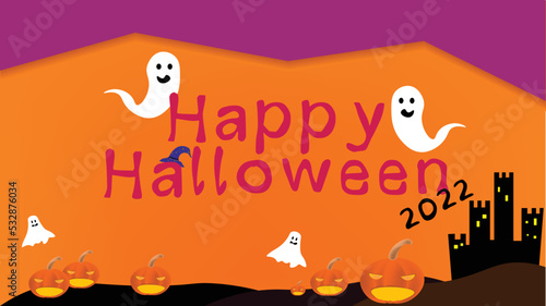 Purple halloween greeting banner Happy halloween 2022 in orange background and jack o lantern hill with a lot of ghost