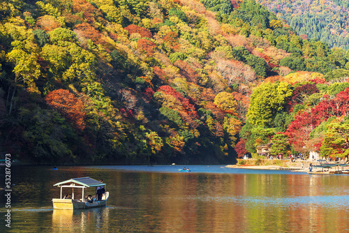 嵐山の紅葉と保津川の屋形船