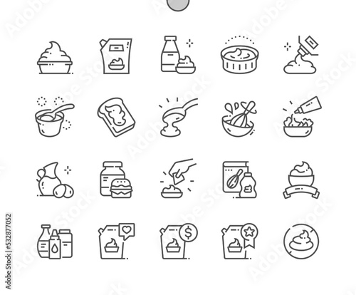 Mayonnaise sauce. Cook mayonnaise, recipes and price. Food shop, supermarket. Menu for cafe. Pixel Perfect Vector Thin Line Icons. Simple Minimal Pictogram