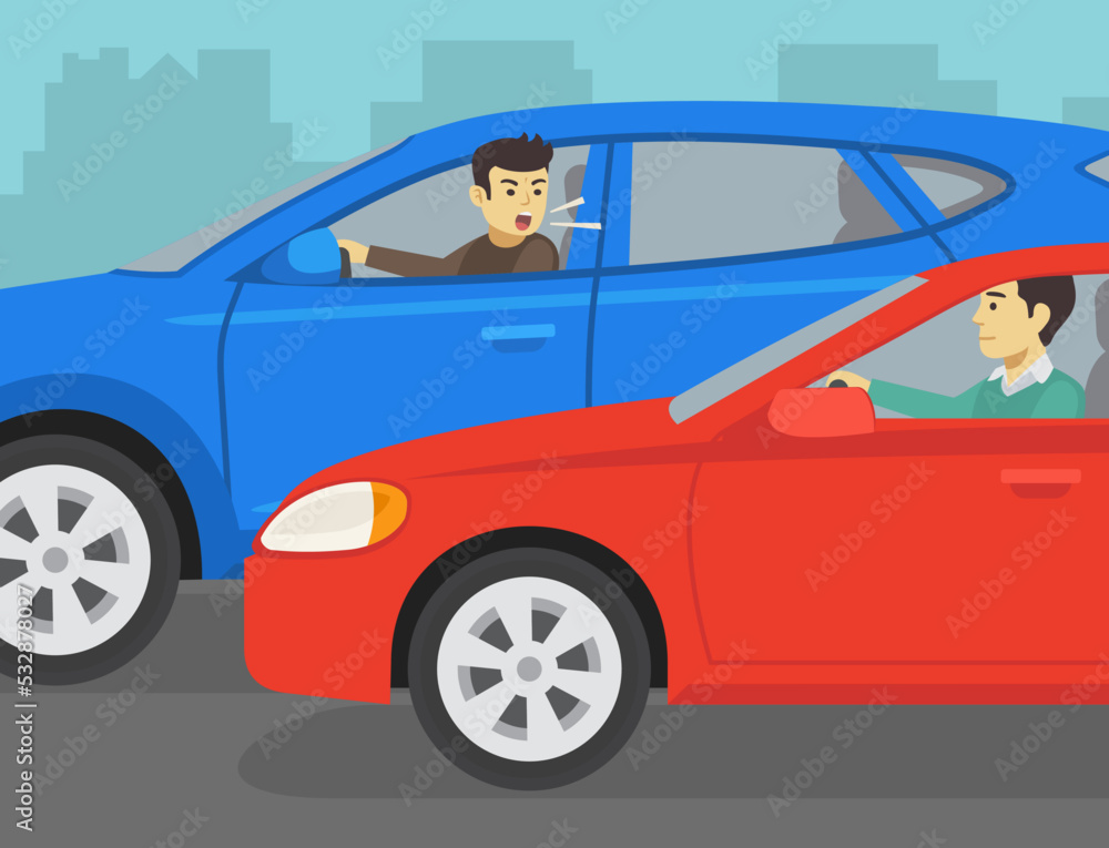 Safe driving tips and traffic regulation rules. Close-up of a yelling male driver. Young man leaning out the car window. Road rage between drivers. Flat vector illustration template. Safe driving tips and traffic regulation rules. Close-up of a yelling male driver. Young man leaning out the car window. Road rage between drivers. Flat vector illustration template.