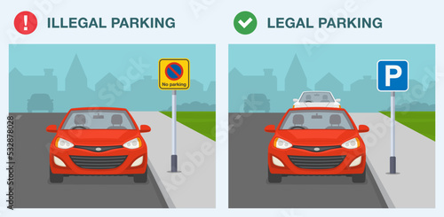 Outdoor parking rules and tips in United Kingdom. "Parking area" and "no parking" sign meaning. Front view of legal and illegal parked cars. Flat vector illustration template.