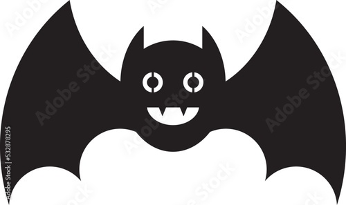 Halloween bat with smile face icon, isolated white background. Vector illustration night animals. EPS black bat icon. Cut template silhouette & circut outline vector design, shape. Icona pipistrello. photo