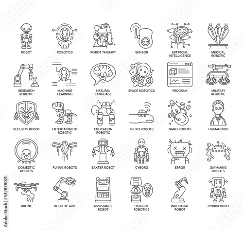 Set of Robotics thin line icons for any web and app project.