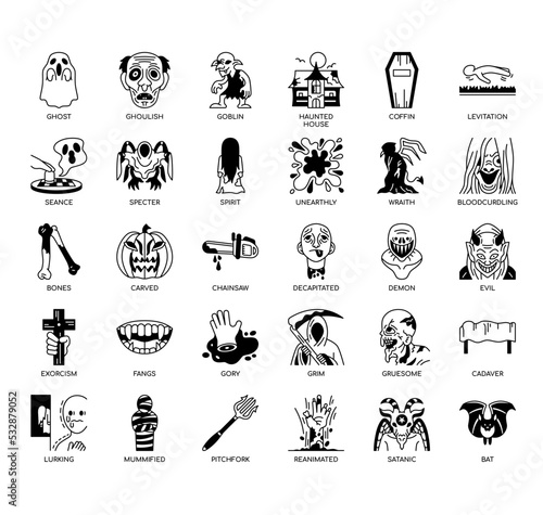 Set of spooky thin line icons for any web and app project.
