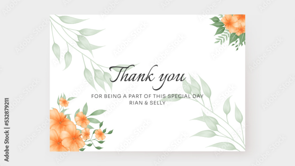 Wedding invitation, thank you card with watercolor orange flower