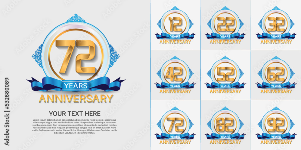 set of anniversary with golden color and blue ribbon can be use for celebration moment set of anniversary with golden color and blue ribbon can be use for celebration moment