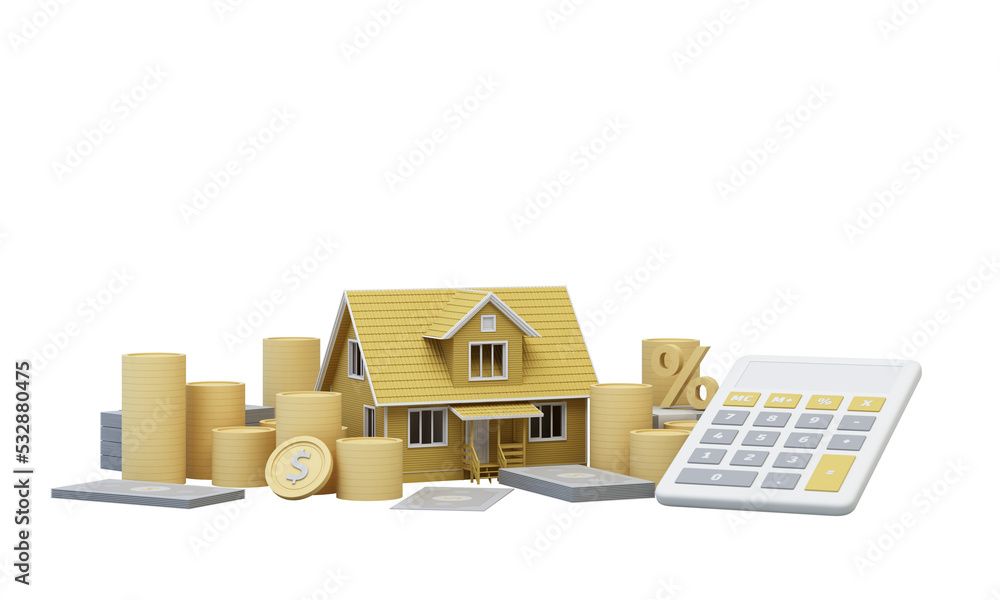 Real estate property investment or insurance. Home mortgage loan rate. Saving money for retirement concept. Coin stack on banknotes with color house model with calculator. 3d rendering illustration Real estate property investment or insurance. Home mortgage loan rate. Saving money for retirement concept. Coin stack on banknotes with color house model with calculator. 3d rendering illustration