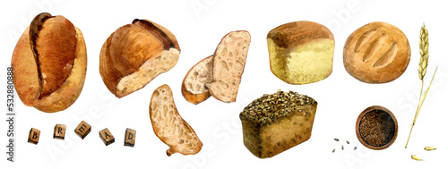 Clip art bread. Freshly baked bread painted in watercolor. Loaf, homemade bread, black bread, flax seeds, wheat ear. For menu design, stickers, websites, etc.