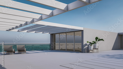 Fototapeta Naklejka Na Ścianę i Meble -  Architectural 3D Rendering of Modern Minimal House With Sunbathing Bed Sea View 