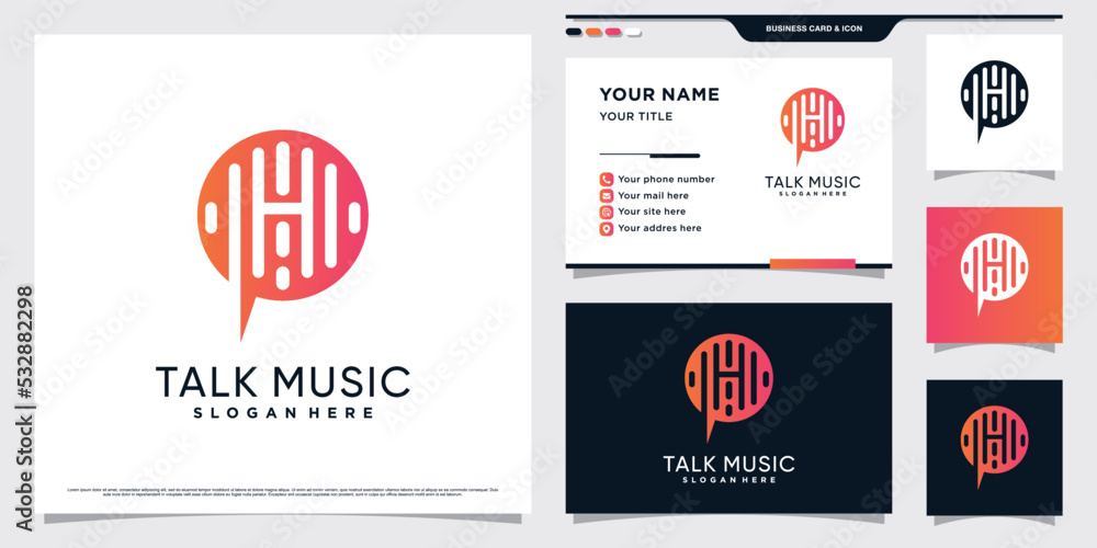 Music logo design initial letter h for podcast symbol with chat icon and business card template Music logo design initial letter h for podcast symbol with chat icon and business card template