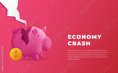 Economy Crash concept with crack piggy bank for global crisis, inflation, downtrend, bankrupt with red background