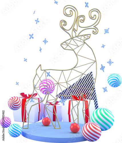 3d Rendering Christmas or new year elements background with decorative deer  balls  snow and gift boxes. Colorful flat gifts for holidays. Modern design.  Isolated PNG illustration on transparent.