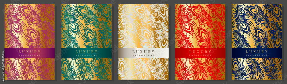 Golden feathers cover design set. Peacock feathers background. Luxury template for wedding invitation, elegant brochure, business, fashion and beauty. Vector gold and colorful collection. 
