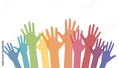 Colorful Hands Raised Up. Colorful overlapping silhouettes of hands raised.