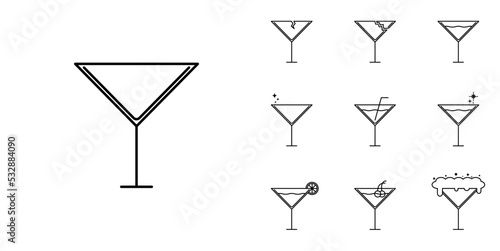 ten sets of martini cocktail glass line icons. with straw, lemon, cherry, cold water, soda and foam. simple, line, silhouette and clean style. black and white. suitable for symbol, sign, icon or logo