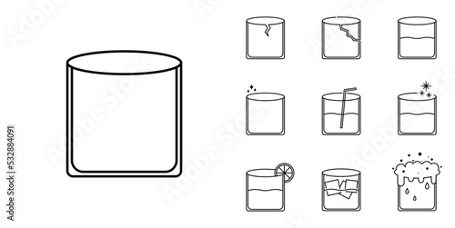 ten sets of rock glass line icons. with straw, lemon, ice cube, cold water, soda and foam. simple, line, silhouette and clean style. black and white. suitable for symbols, signs, icons or logos