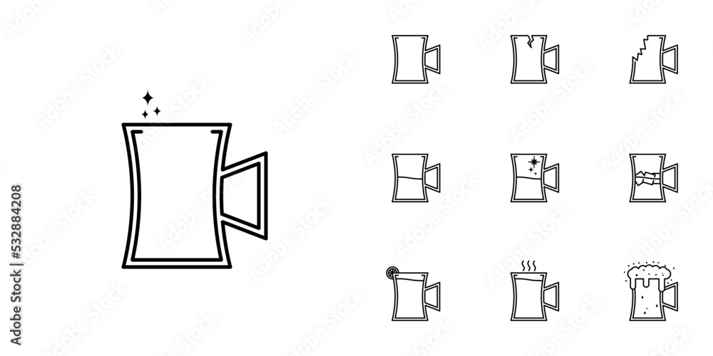 ten sets of beer stein glass line icons. with ice cube, lemon, hot water, cold water, soda and foam. simple, line, silhouette and clean style. black and white. suitable for symbol, sign, icon or logo ten sets of beer stein glass line icons. with ice cube, lemon, hot water, cold water, soda and foam. simple, line, silhouette and clean style. black and white. suitable for symbol, sign, icon or logo