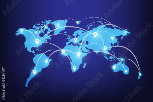 Travel around the world on a modern map blue background. Connecting global travel technology. Vector illustration in flat design.