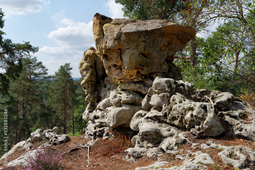 Famous sandstone rocks in Restant du Long rocher hills. Fontainebleau forest