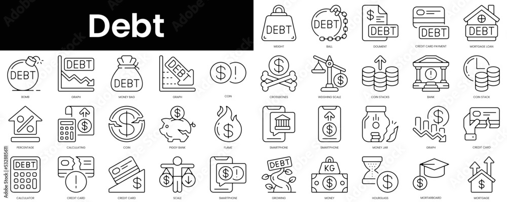Set of outline debt icons. Minimalist thin linear web icon set. vector illustration.
