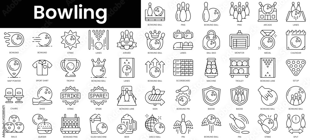 Set of outline bowling icons. Minimalist thin linear web icon set. vector illustration.